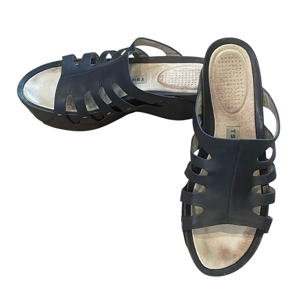 Y2K Wedge Womens Sandals Mules Platform Size 9 Boho Chic Leather Chunky